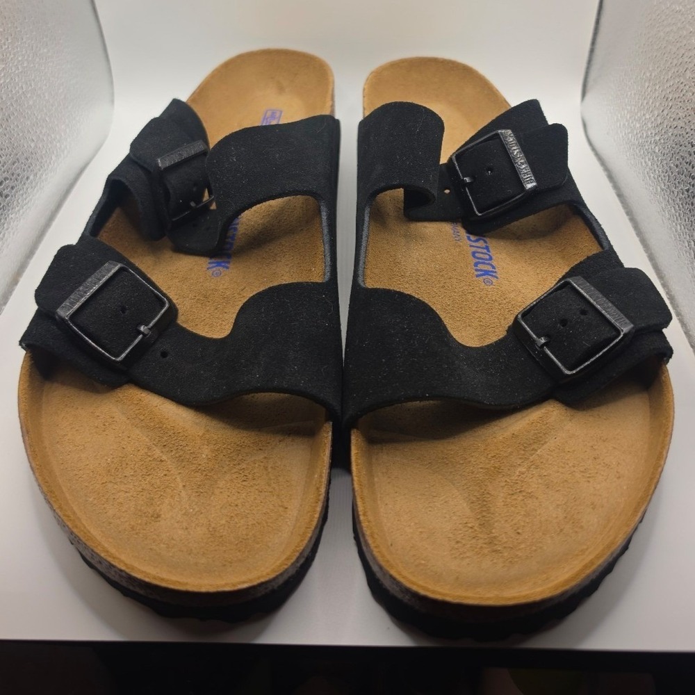 NWOB Men's Arizona Soft Footbed Suede Black Leather Birkenstock Sandals